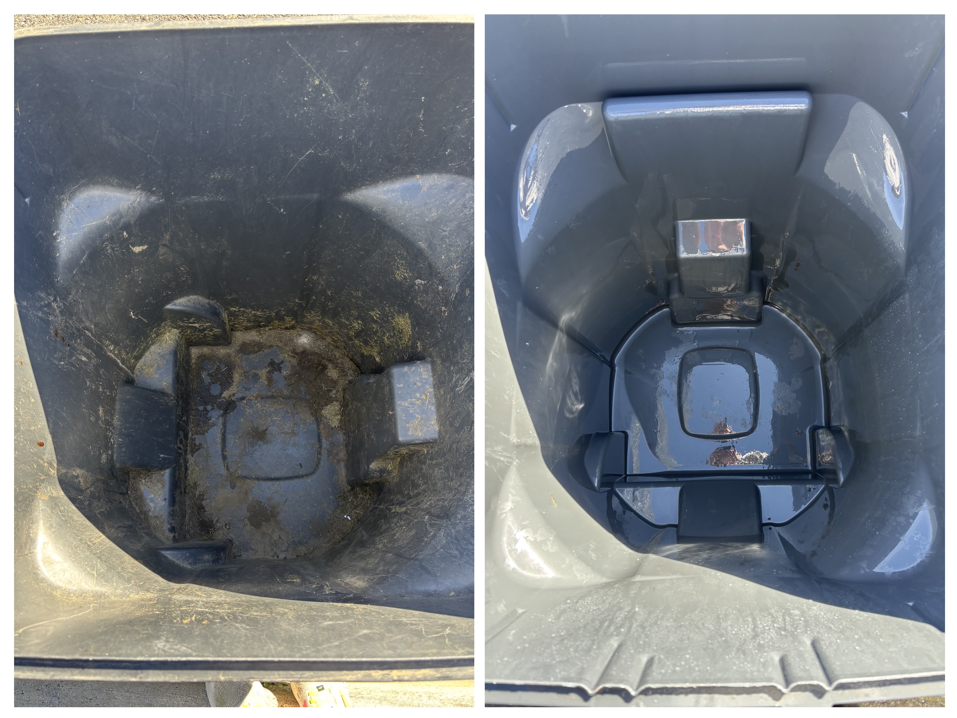 Garbage bin cleaning before and after - sanitized trash can
